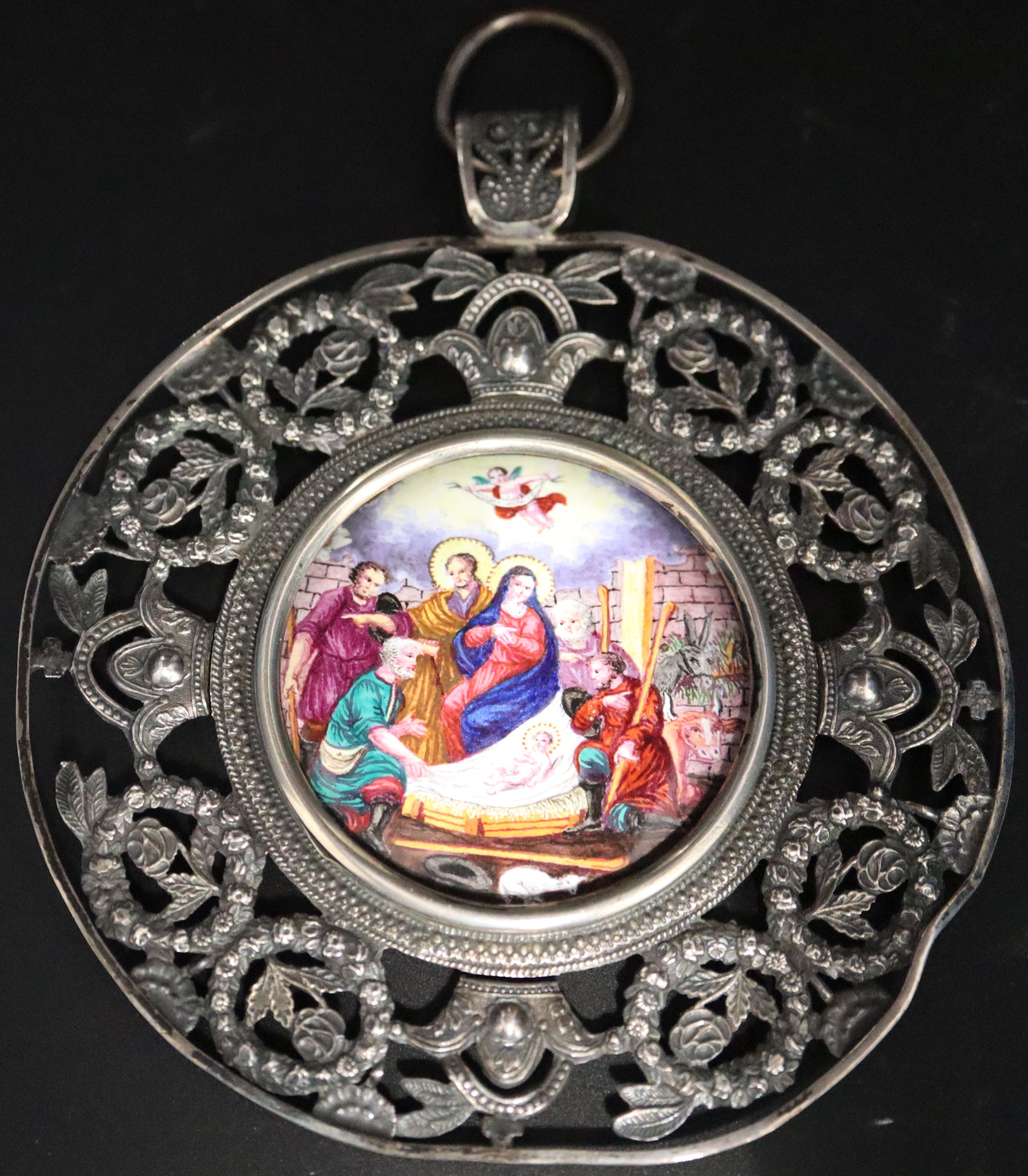 A mid 19th century Austro-Hungarian silver framed enamel plaque, plaque 4cm diameter, frame 8.5cm diameter